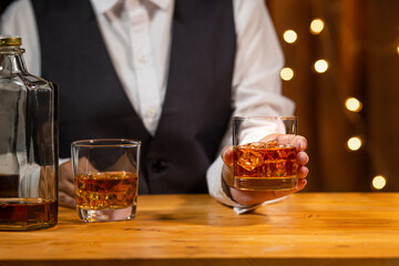Bartender Serve Whiskey, on wood bar, 