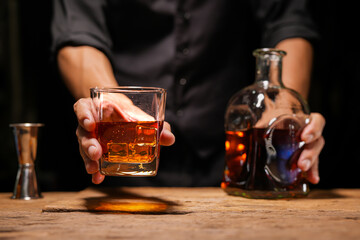 Bartender Serve Whiskey, on wood bar, 