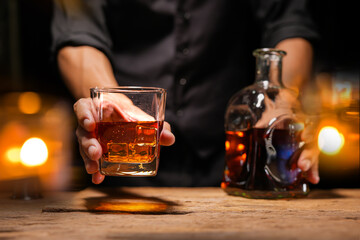 Bartender Serve Whiskey, on wood bar, 