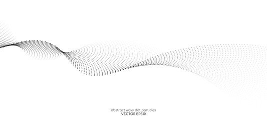 Flowing dots particles wave pattern halftone black gradient curve shape isolated on white background. Vector in concept of technology, science, music, modern.