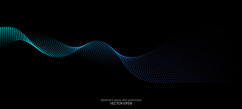 Flowing particles wave pattern, blue and green color isolated on black background. Vector in concept of AI technology, science, music.