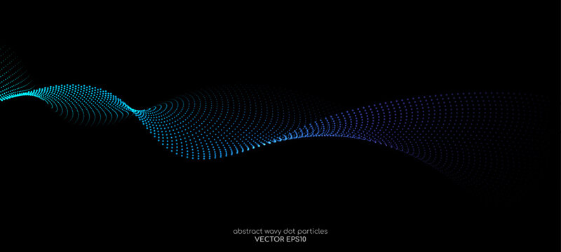 Flowing particles wave pattern, blue and green color isolated on black background. Vector in concept of AI technology, science, music.
