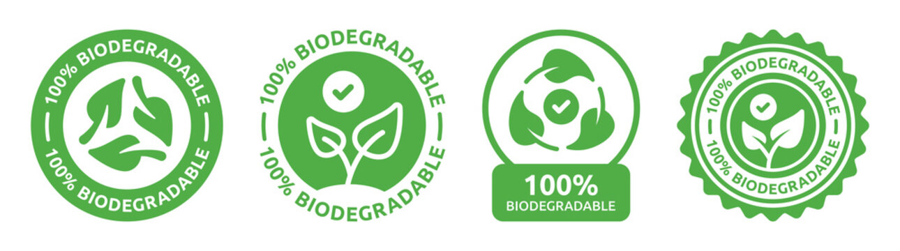 100% biodegradable icon sign. Biodegradable label sticker badge collection.