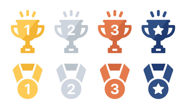 Trophy cup and Medal icon set. Champion winner award icon collection. Championship prize place 1 2 3 symbol. Vector illustration.