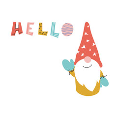 Cute cartoon dwarf with hello lettering
