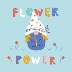 Flower power lettering with cute female dwarf character and tulip field