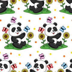 Cartoon panda playing with butterfly seamless pattern design 