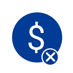 Dollar symbol with cross sign icon, cancel currency dollar blue icon 