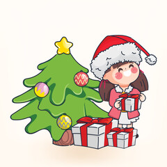 Cute cartoon girl celebrating gifts in Merry Christmas and happy new year.