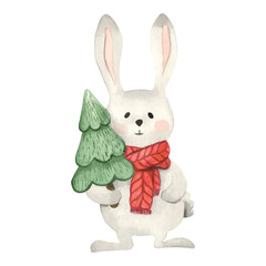 Obraz premium A gray rabbit in a red knitted scarf holds a Christmas tree. Watercolor illustration drawn by hands. Cute Christmas character for greeting cards and invitations. 2023