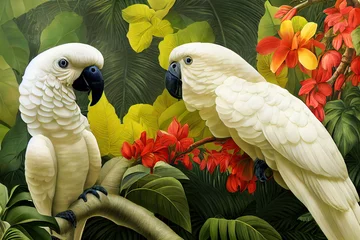 Weißer Kakadu im exotischen Dschungel voller tropischer Blätter und großer Blumen. Erstaunliches tropisches Blumenmuster für Druck, Web, Grußkarten, Tapeten, Verpackungen. 3D-Darstellung © Katynn