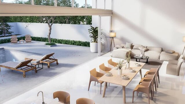 Animation of modern white house interior from top view to normal view 3d render with open sliding door overlooking swimming pool terrace and nature