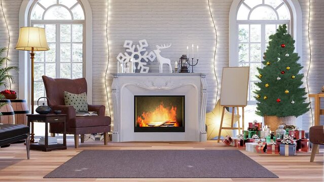 Animation of classical style living room decorate with christmas tree 3d render,The room has white brick wall wooden floors decorated with luxury fireplace,The arched windows loverlooking snow scene.