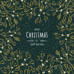 Christmas frame Mistletoe with snow texture on dark background. Flat Style 