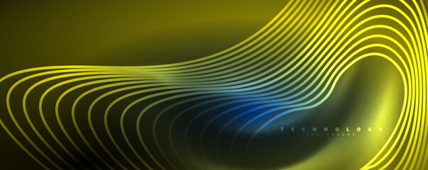 Techno neon wave lines, dynamic electric motion, speed concept. Templates for wallpaper, banner, background, landing page, wall art, invitation, prints