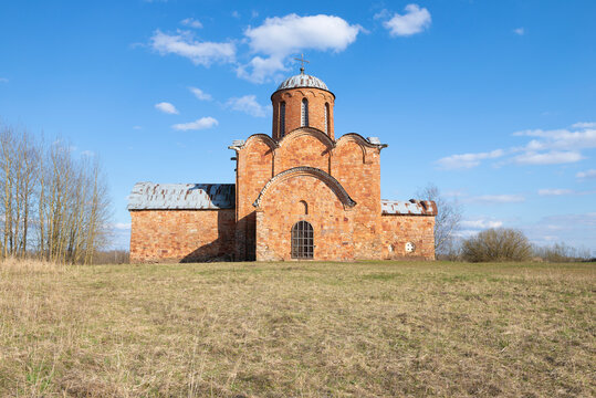 View of the ancient Church of the Savior on Kovalevo on a sunny April day. Neighborhood of Veliky Novgorod, Russia