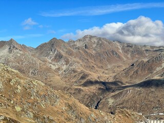 Rocky mountain peaks in the massif of the Swiss Alps above the St. Gotthard Pass (Gotthardpass), Airolo - Canton of Ticino (Tessin), Switzerland (Schweiz)