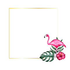 Naklejka premium Gold frame with green watercolor tropical palm leaves and exotic flamingo illustration. Luxury template element for wedding design, greeting cards and crafting, place for text