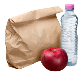 Paper Lunch Bag with Red Apple and Water Bottle - Isolated