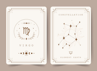 Virgo. Witchcraft cards with astrology zodiac sign and constellation. Perfect for tarot readers and astrologers. Occult magic background. Horoscope template. Vector illustration in boho style.