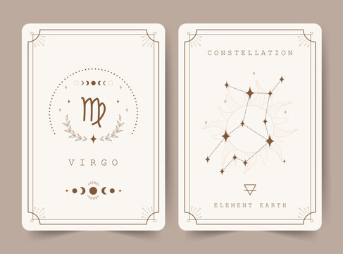 Virgo. Witchcraft cards with astrology zodiac sign and constellation. Perfect for tarot readers and astrologers. Occult magic background. Horoscope template. Vector illustration in boho style.