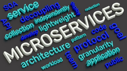 MICROSERVICES word and terms cloud. 3d illustration. Microservices pattern banner