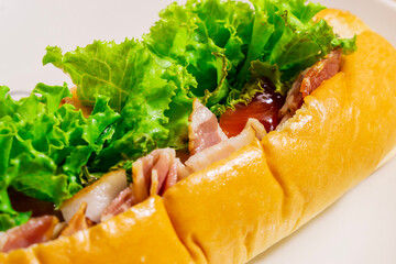 Hotdog with bacon and sausage on white plate