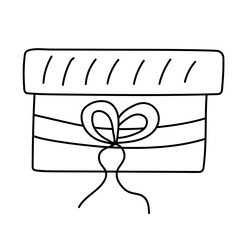 Gift box with ribbon and bow in doodle style. Black and white vector illustration for coloring book.