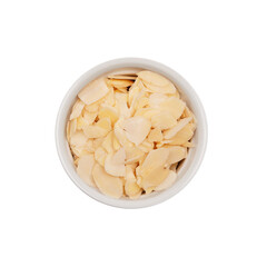 Almonds. Isolated. Cake ingredients collection. In a bowl. Top view. Transparent background. Flaked almonds.