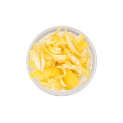 Lemon zest. Isolated. Cake ingredients collection. In a bowl. Top view. Transparent background.