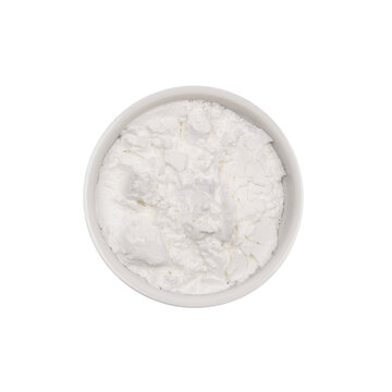 Corn starch. Isolated. Cake ingredients collection. In a bowl. Top view. Transparent background. Maizena