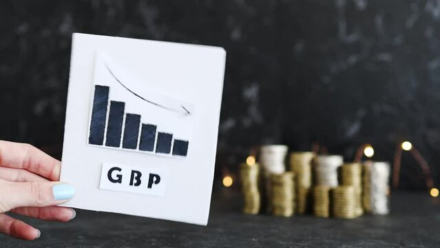 currency exchange rate, graph showing negative growth with GBP British pound text in front of stacks of coins