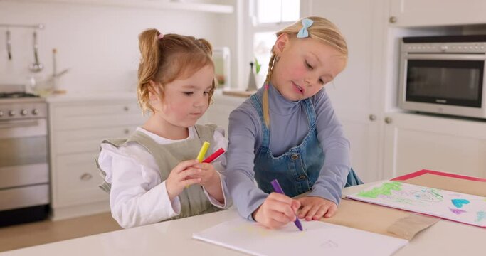 Girl, drawing and art, teaching and learning color and skill, crayon and notebook, children have fun together in kitchen. Kids at home with artwork, hobby and creativity with creative development.