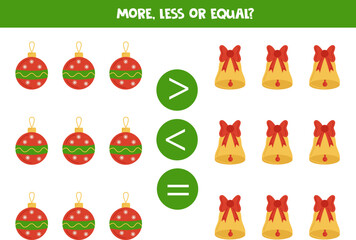More, less, equal with Christmas bauble and bell.