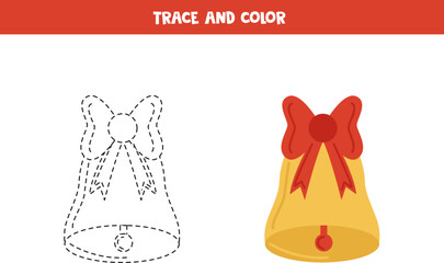 Trace and color cute cartoon Christmas bell. Worksheet for children.