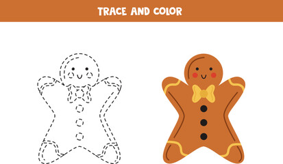 Trace and color cute gingerbread cookie. Worksheet for children.