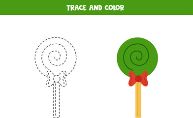 Trace and color cute Christmas lollipop. Worksheet for children.