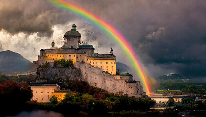 Naklejka premium AI generated image of a rainbow over Salzburg castle, Austria 