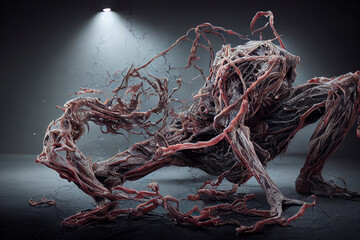 A monstrous monster in human form with all its nerves and muscles extending beyond the skin and spreading to the surrounding area.