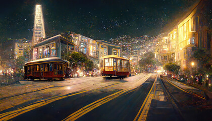 AI generated image of a twilight view of historic Cable Cars riding across San Francisco, California, USA