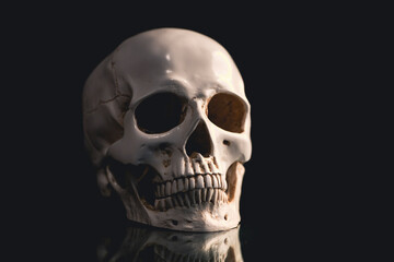 Human skull on a black background.