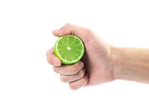 The hand holds a sliced juicy green lime. Closeup. Isolated on a white background
