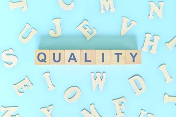 Quality concept in business, company and organization. Word typography on wooden blocks flat lay.