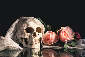 Human skull and flowers. Day of the dead, Dia de los muertos character.