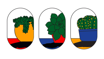 A set of  Three Succulents Bauhaus Inspired Illustration with cute pots. Colorful Creative Aesthetic Vector Illustration of Three Variety of Succulents. Hand Drawn Vector Illustration.