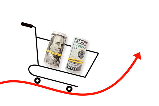 Shopping basket with dollars on red arrow. Economic crisis, inflation and commodity prices concept