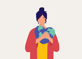 Love The Earth Concept. One Young Woman Hugging A Heart Shape Planet Earth. Half Length. Flat Design, Character, Cartoon.