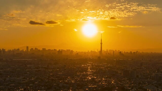 Time lapse video of Tokyo cityscape with Tokyo Skytree and Mt. Fuji silhouette from dusk to night.