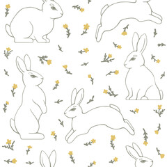 Seamless pattern of drawn rabbits and simple flowers. Vector flat illustration.