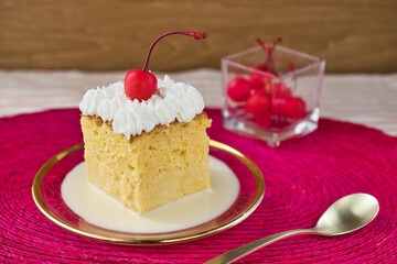 メキシコの伝統的なデザート　パステル・デ・トレス・レチェス（3種のミルクのケーキ）コピースペースあり　Traditional Mexican dessert Pastel de Tres Leches (Three Milk Cake) with copy space